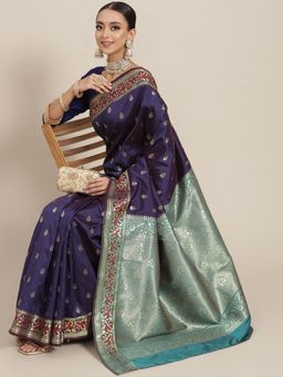 Chhabra 555 - Navy Blue Floral Handloom Saree with Unstitched Blouse