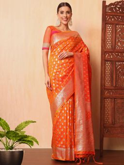 Chhabra 555 - Orange Ethnic Handloom Saree with Unstitched Blouse
