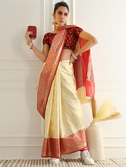 Chhabra 555 - Cream Woven Handloom Saree with Unstitched Blouse
