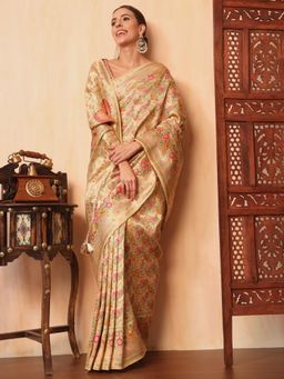 Chhabra 555 - Cream Ethnic Handloom Saree with Unstitched Blouse