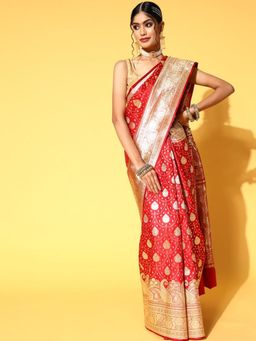 Chhabra 555 - Red Paisley Handloom Saree with Unstitched Blouse