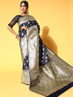 Chhabra 555 - Navy Blue Paisley Handloom Saree with Unstitched Blouse
