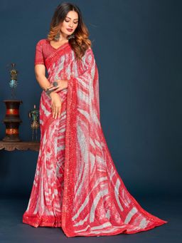 Chhabra 555 - Red Embellished Cocktail Saree with Unstitched Blouse