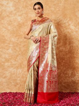 Chhabra 555 - Cream Ethnic Handloom Saree with Unstitched Blouse
