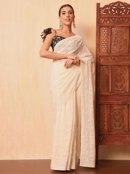Chhabra 555 - Cream Embroidered Saree with Unstitched Blouse