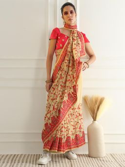 Chhabra 555 - Beige Paisley Embroidered Saree with Unstitched Blouse