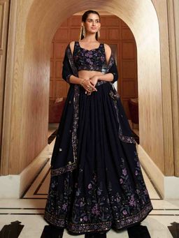 Odette - Navy Blue Georgette Embroidered Semi Stitched Lehenga with Unstitched Blouse (Set of 3)