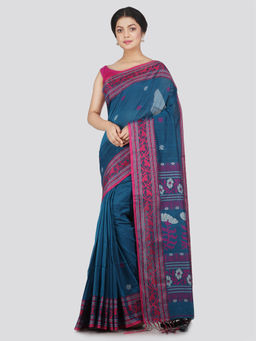 PinkLoom - Womens Cotton Saree with Unstitched Blouse-Blue