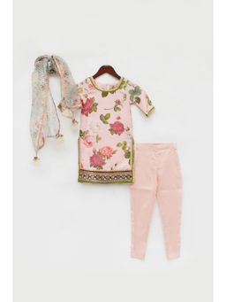 Fayon Kids - Peach Floral Kurti with Chudidar and Dupatta (Set of 3)