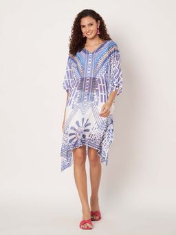 SWI STYLISH - Womens Printed V-Neck Georgette Beachwear Kaftan Blue