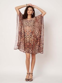 SWI STYLISH - Womens Printed V-Neck Georgette Beachwear Kaftan Brown