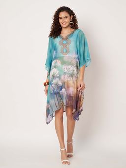 SWI STYLISH - Womens Printed V-Neck Georgette Beachwear Kaftan Multi-Color