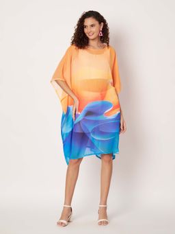 SWI STYLISH - Womens Printed Boat-Neck Georgette Beachwear Kaftan Orange