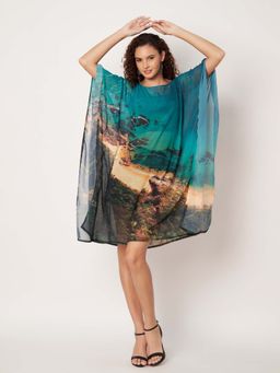 SWI STYLISH - Womens Printed Boat-Neck Georgette Beachwear Kaftan Teal