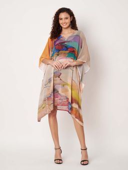 SWI STYLISH - Womens Printed V-Neck Georgette Beachwear Kaftan Multi-Color