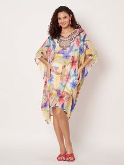 SWI STYLISH - Womens Printed V-Neck Georgette Beachwear Kaftan Multi-Color