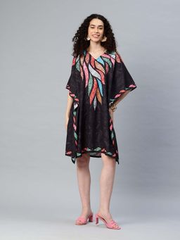 SWI STYLISH - Womens Printed V-Neck Flared Sleeves Kaftan Dress Black