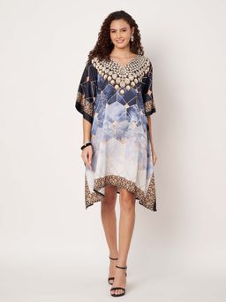 SWI STYLISH - Womens Printed V-Neck Georgette Kaftan Dress Multi-Color