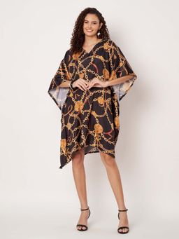 SWI STYLISH - Womens Printed V-Neck Georgette Kaftan Dress Brown