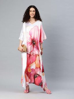 SWI STYLISH - Womens Printed V-Neck Sleeves Long Satin Kaftan Multi-Color