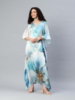 SWI STYLISH - Womens Printed V-Neck Sleeves Long Satin Kaftan Multi-Color