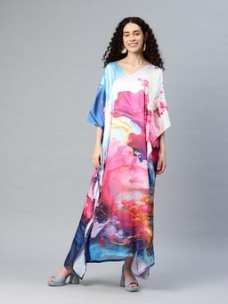SWI STYLISH - Womens Printed V-Neck Sleeves Long Satin Kaftan Multi-Color