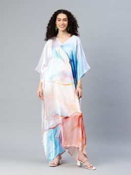 SWI STYLISH - Womens Printed V-Neck Sleeves Long Satin Kaftan Multi-Color