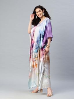 SWI STYLISH - Womens Printed V-Neck Sleeves Long Satin Kaftan Multi-Color