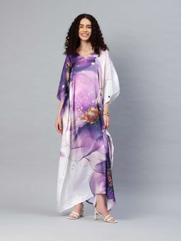 SWI STYLISH - Womens Printed V-Neck Sleeves Long Satin Kaftan Multi-Color