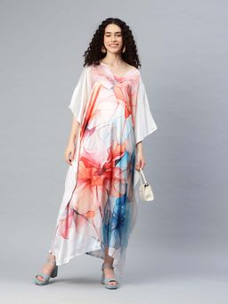 SWI STYLISH - Womens Printed V-Neck Sleeves Long Satin Kaftan Multi-Color