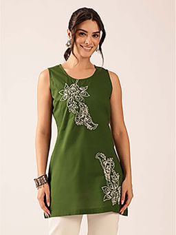 Vbuyz - Womens Mehendi Green Hand Work A-Line Cotton Stitched Tunic