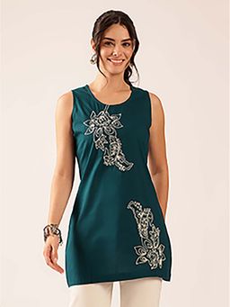 Vbuyz - Womens Teal Hand Work A-Line Cotton Stitched Tunic