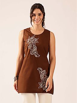 Vbuyz - Womens Brown Hand Work A-Line Cotton Stitched Tunic