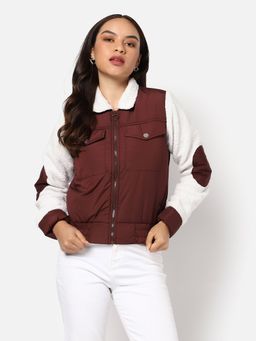 Campus Sutra - Womens Colour-Blocked Puffer Jacket Brown