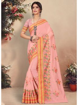 Sangam Prints - Peach Thread Work Traditional Saree with Unstitched Blouse