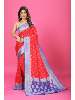 Craftystyles - Women Red Woven Saree with Unstitched Blouse