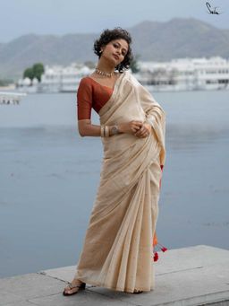 Suta - Women Off White Woven Saree with Unstitched Blouse