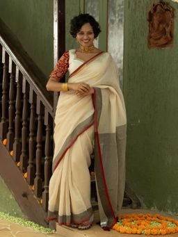 Suta - Women Off White Woven Saree Without Blouse