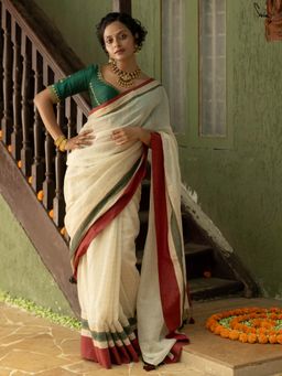 Suta - Women Off White Woven Saree Without Blouse