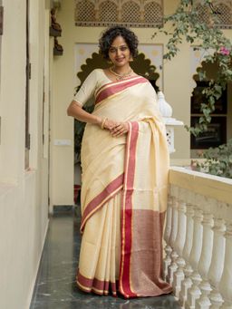 Suta - Women Off White Woven Saree Without Blouse