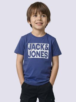 Jack & Jones Junior - Boys Blue Cotton Blend Typography T-Shirt