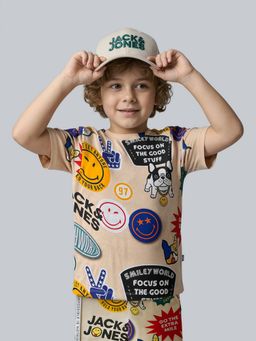 Jack & Jones Junior - Boys Beige Cotton Graphic T-Shirt