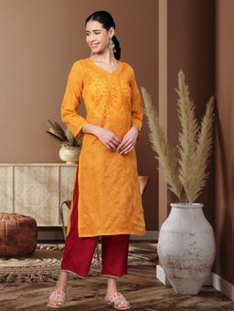ADA - Mustard Lucknowi Chikankari Cotton Kurta (XS) (A100366)