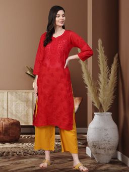 ADA - Red Lucknowi Chikankari Cotton Kurta (XS) (A100362)