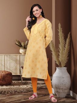 ADA - Embroidered Beige Cotton Lucknow Chikankari Kurta (XS) (A231417)