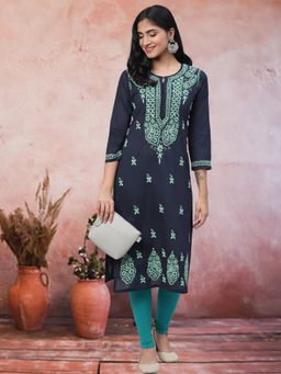 ADA - Navy Blue Embroidered Cotton Lucknow Chikan Kurta (XS) (A411119)