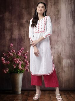 ADA - Hand Embroidered Lucknowi Chikankari White-Carrot Pink Cotton Kurta (A411443)
