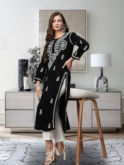 ADA - Hand Embroidered Ethnic Motifs Lucknowi Chikankari Black Rayon Kurta
