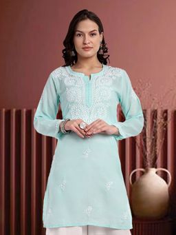ADA - Hand Embroidered Lucknowi Chikankari Ethnic Motifs Sea Green Cotton Kurti
