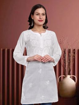 ADA - Hand Embroidered Lucknowi Chikankari Ethnic Motifs White Cotton Kurti